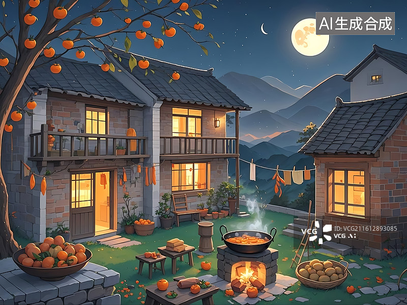 【AI数字艺术】月下古村炊烟袅袅秋夜图图片素材