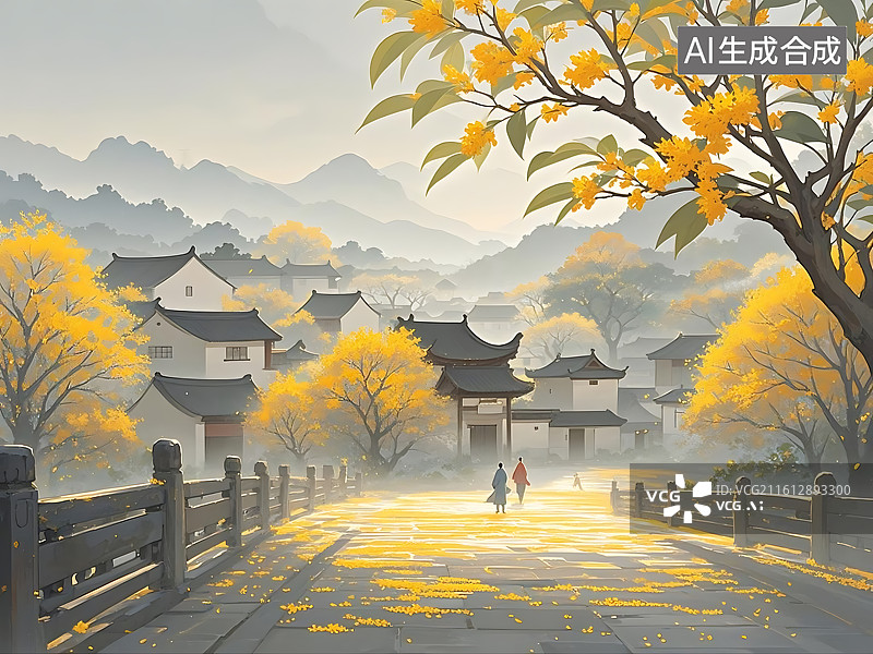 【AI数字艺术】秋日古村小径行人图图片素材