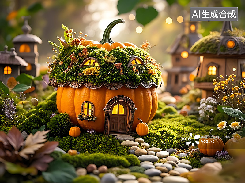 【AI数字艺术】南瓜小屋童话森林夜景图片素材
