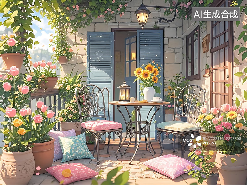 【AI数字艺术】阳光洒满的庭院花园角落图片素材