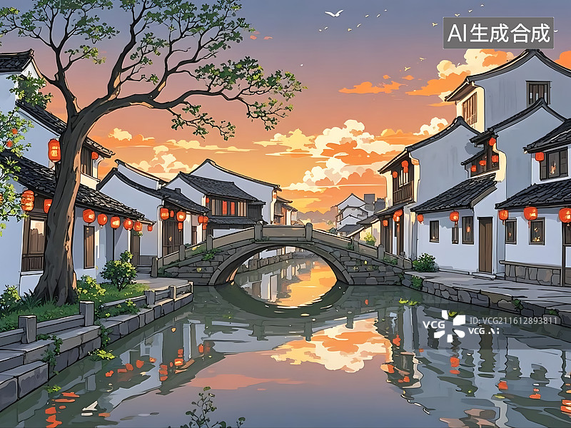 【AI数字艺术】江南水乡夕阳古桥风景图片素材