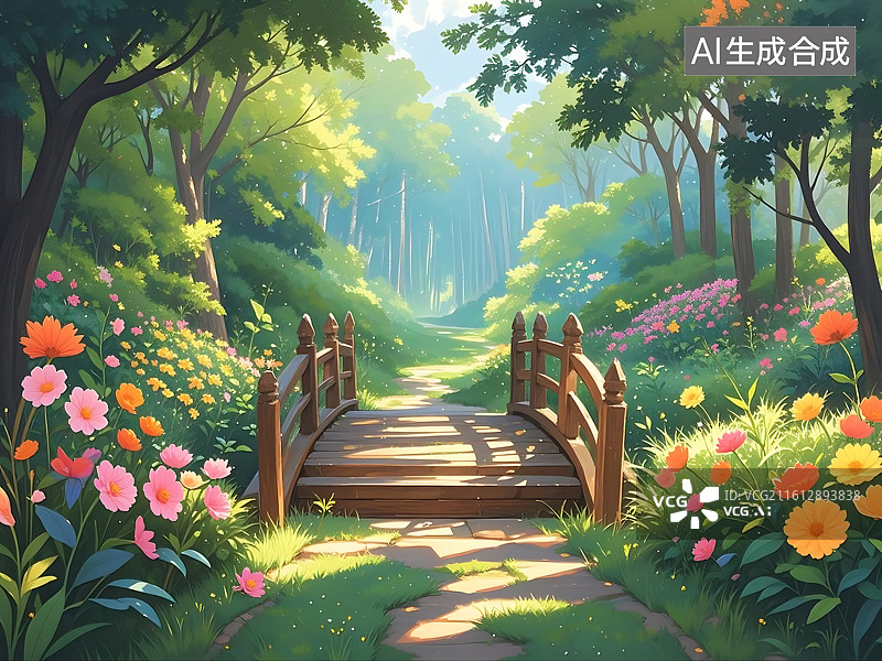 【AI数字艺术】森林小径花海木桥风景画图片素材