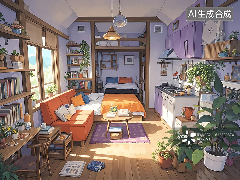 【AI数字艺术】温馨日式小户型客厅卧室厨房一体图图片素材