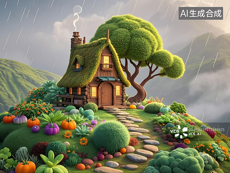 【AI数字艺术】童话小屋雨中花园图片素材