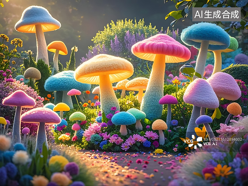 【AI数字艺术】奇幻森林彩色蘑菇景观图片素材