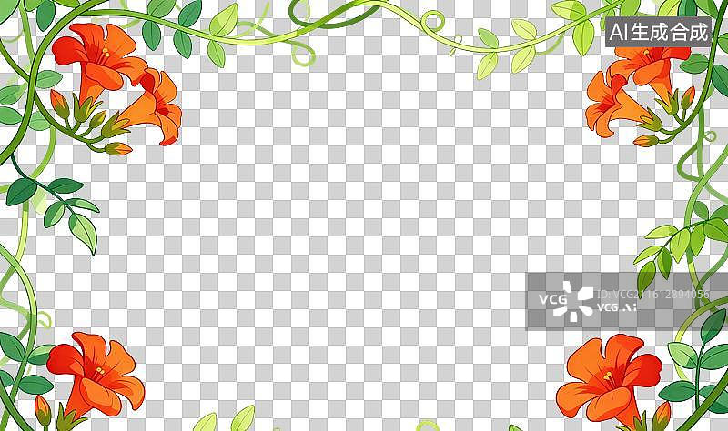 【AI数字艺术】卡通风格，藤蔓枝条上生长的凌霄花PNG格式的免扣元素图片素材