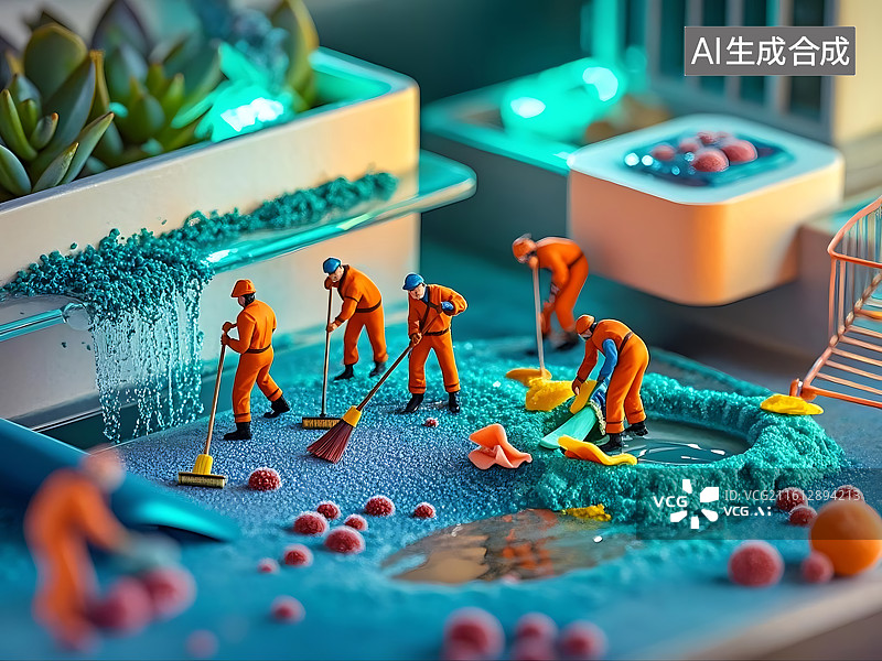 【AI数字艺术】微型工人清洁水池场景模型图片素材