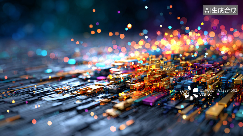 【AI数字艺术】科技电路板上的光斑图片素材