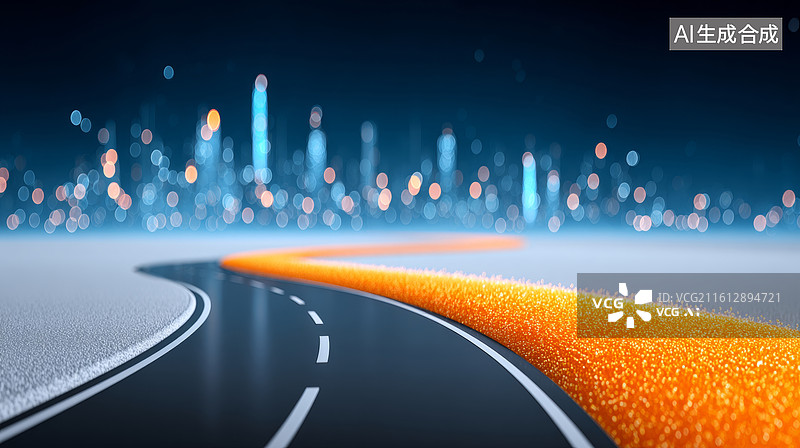 【AI数字艺术】发光道路与城市夜景图片素材