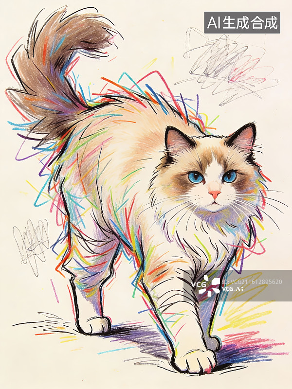 【AI数字艺术】彩线环绕的猫咪插画图片素材