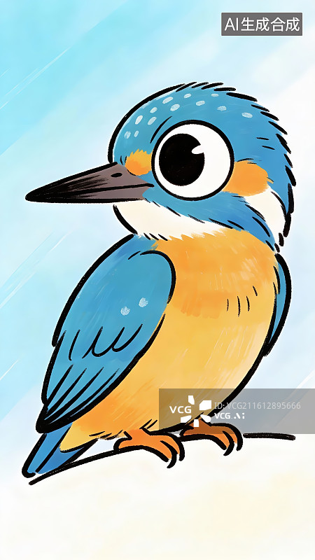 【AI数字艺术】蓝橙色翠鸟卡通插画图片素材
