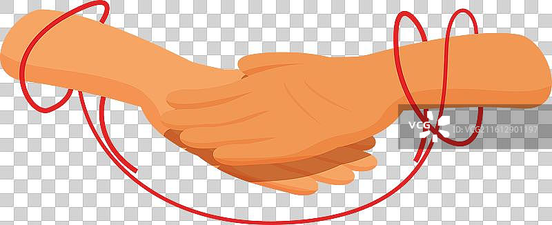 两只手被红线缠绕在一起，正在握手图片素材