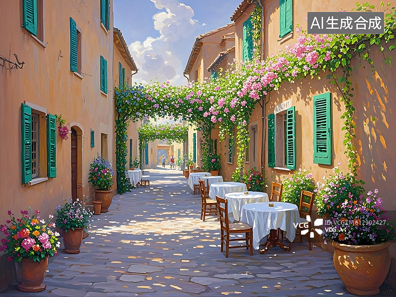 【AI数字艺术】阳光下的欧式小巷餐厅图片素材