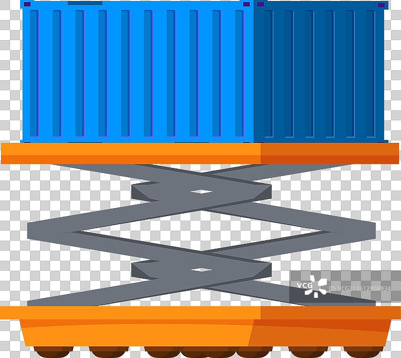 剪刀式升降平台正在升高两个蓝色集装箱图片素材