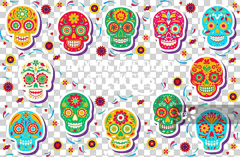 墨西哥骷髅糖头贴纸套装图片素材