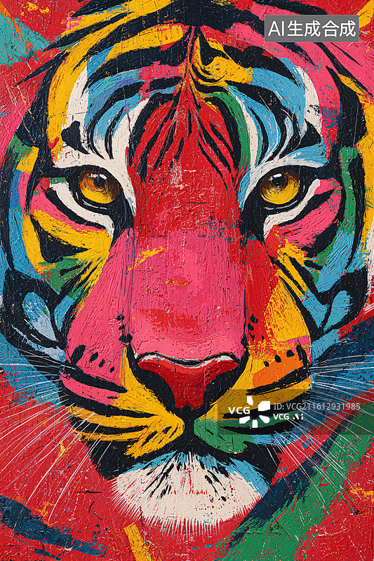 【AI数字艺术】凶猛的老虎彩色抽象艺术油画图片素材