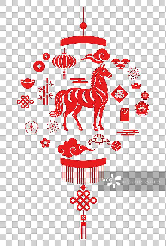 2026马年十二生肖马红色灯笼剪纸插画图片素材