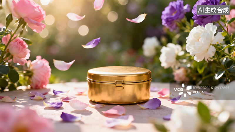 【AI数字艺术】金色盒子与花瓣飘落的花园图片素材