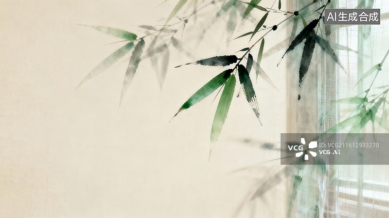 【AI数字艺术】竹枝叶水墨风中式装饰背景图片素材