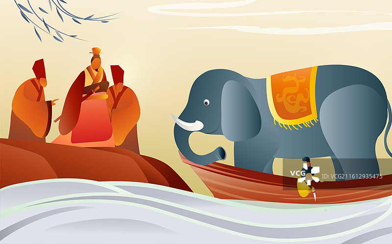 卡通中国风三国故事曹冲称象典故插画图片素材