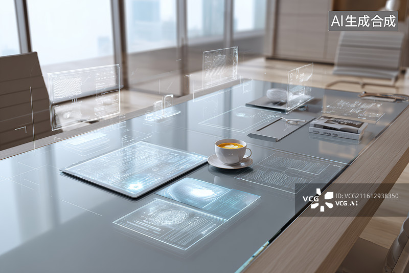 【AI数字艺术】智能会议室中带有全息界面的透明触控桌面科技场景图片素材
