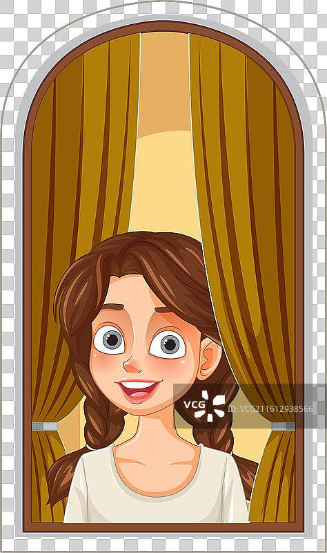 一个快乐的女孩从窗帘后面偷看图片素材