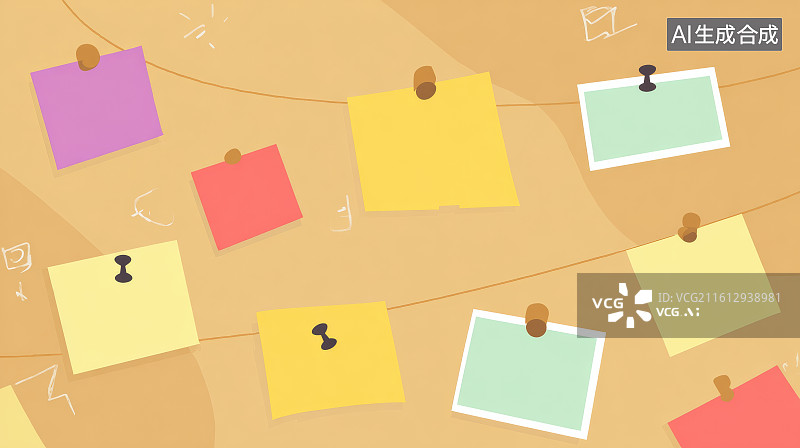 【AI数字艺术】悬挂便签纸与夹子构成的简约记录背景画面图片素材