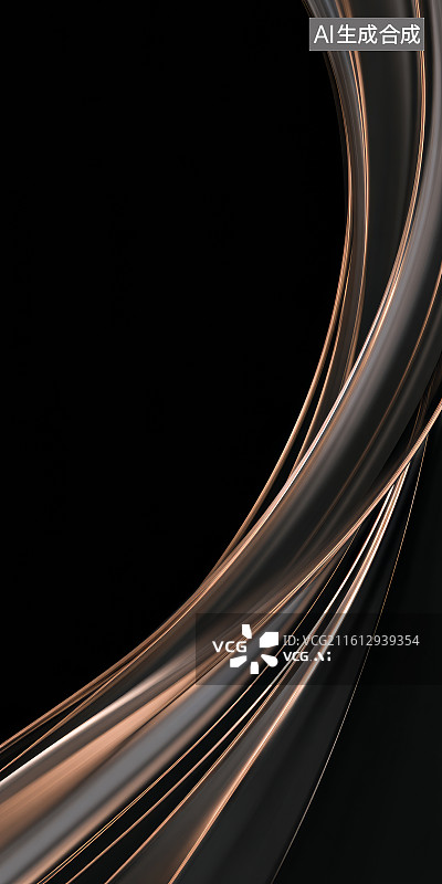 【AI数字艺术】黑色背景上弯曲棕色金属光带的抽象动感线条图片素材
