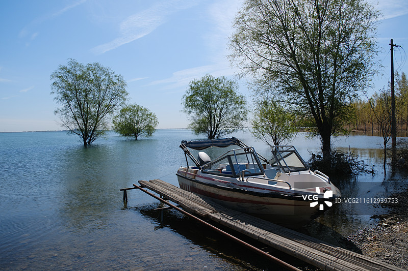 春天湖边河边杨树柳树游艇风景背景图壁纸图片素材