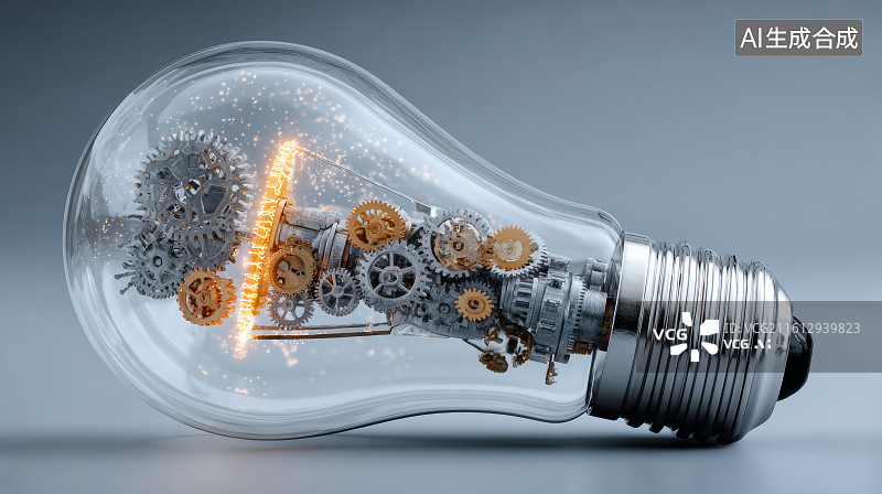 【AI数字艺术】由齿轮机械结构组成的创意灯泡工业科技概念造型图片素材