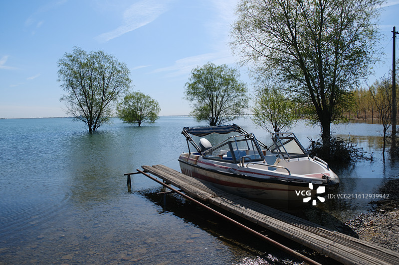 春天湖边河边杨树柳树游艇风景背景图壁纸图片素材