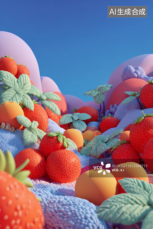【AI数字艺术】蓝天背景下多彩果蔬组合的立体创意场景图片素材
