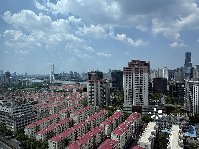上海都市交通与建筑群：远眺南浦大桥与红顶住宅图片素材