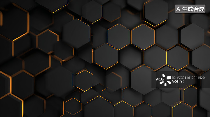 【AI数字艺术】黑金六边形立体几何模块组成的未来科技背景图片素材