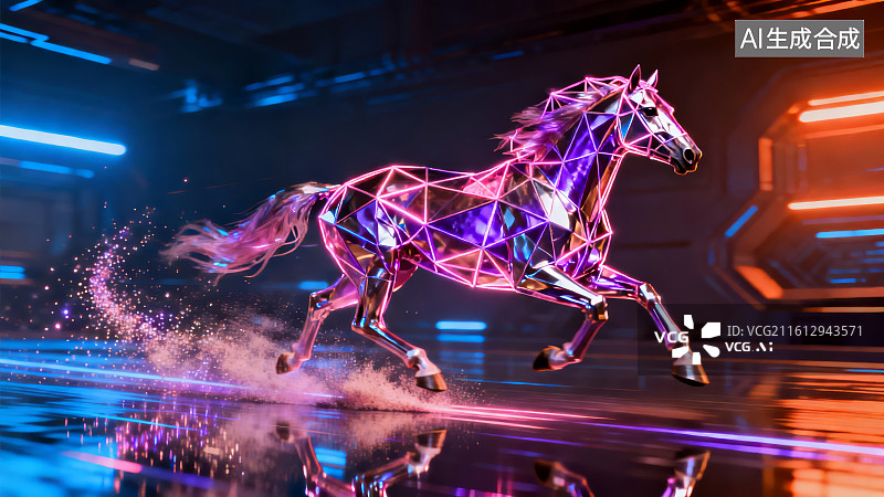 【AI数字艺术】霓虹光影中的几何马奔腾图片素材