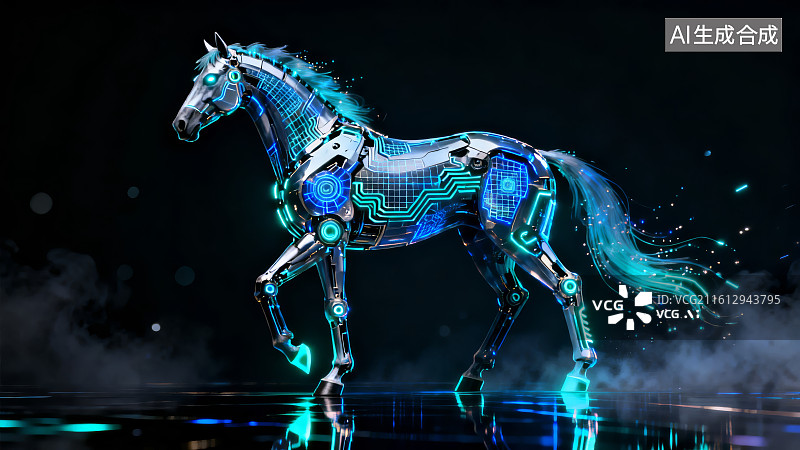 【AI数字艺术】科技感机械马在黑暗中奔跑图片素材