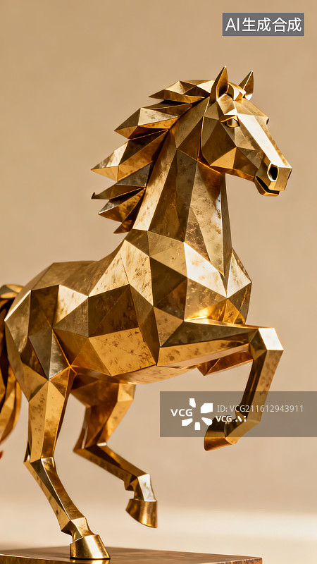 【AI数字艺术】金色几何马雕塑跃动姿态图片素材