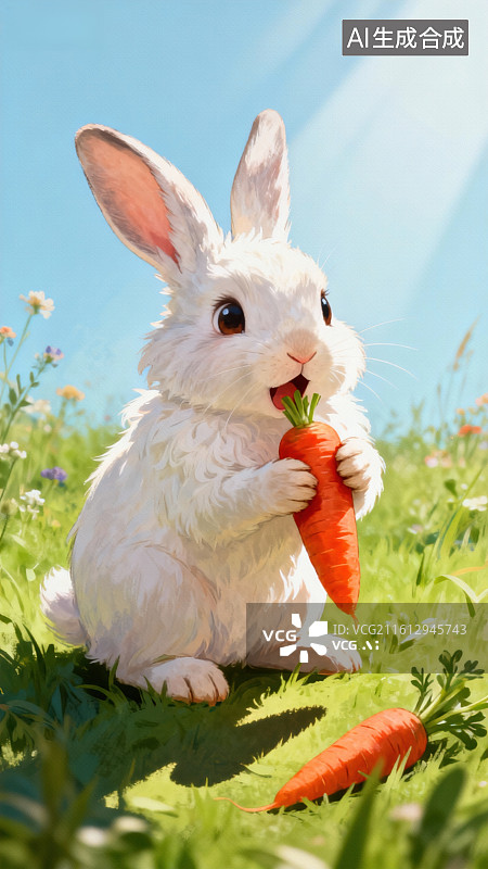 【AI数字艺术】白兔啃食胡萝卜图片素材
