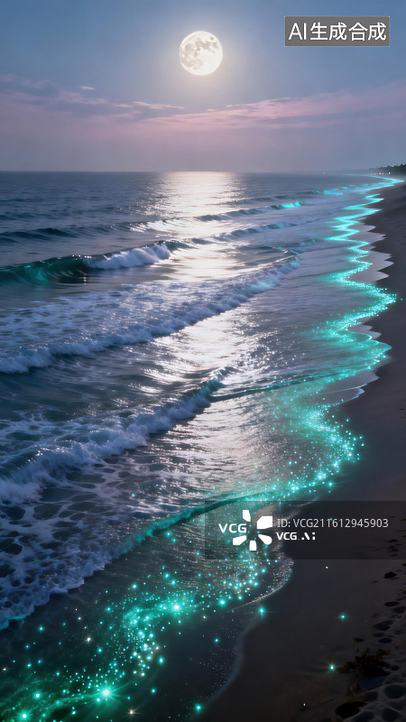 【AI数字艺术】月光下的荧光海滩图片素材