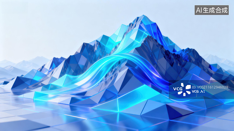【AI数字艺术】蓝色水晶山脉与光流图片素材