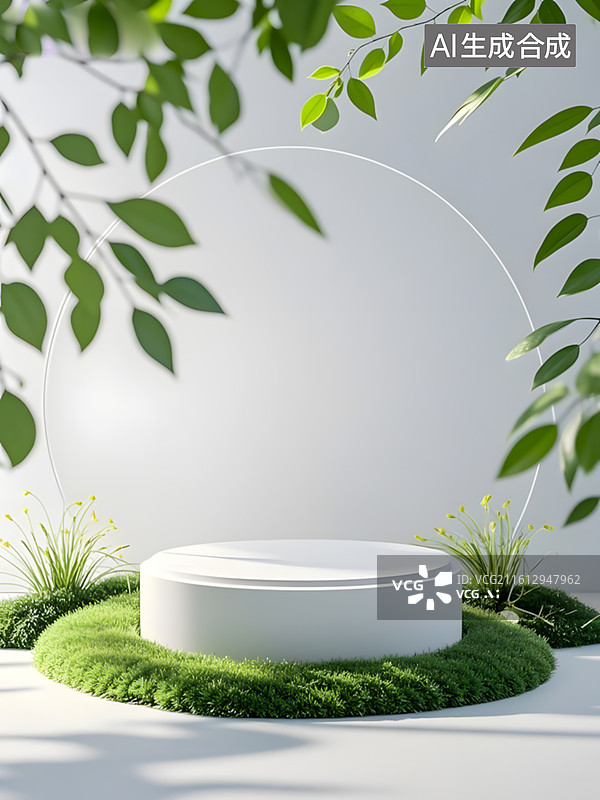 【AI数字艺术】绿色圆形展台场景 清新自然产品展示台图片素材