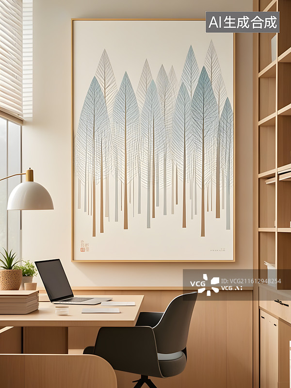 【AI数字艺术】北欧风书房装饰画简约森林图案挂画图片素材