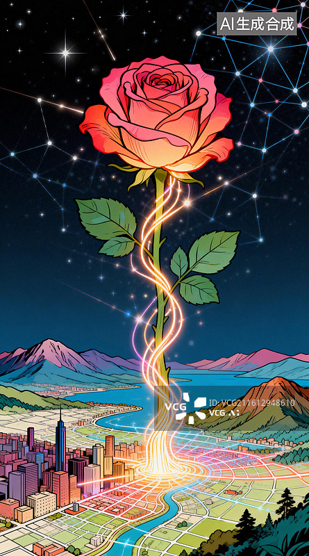 【AI数字艺术】巨大的玫瑰花连接天地  妇女节创意插画系列图片素材