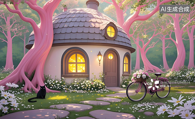 【AI数字艺术】粉色浪漫童话小屋图片素材
