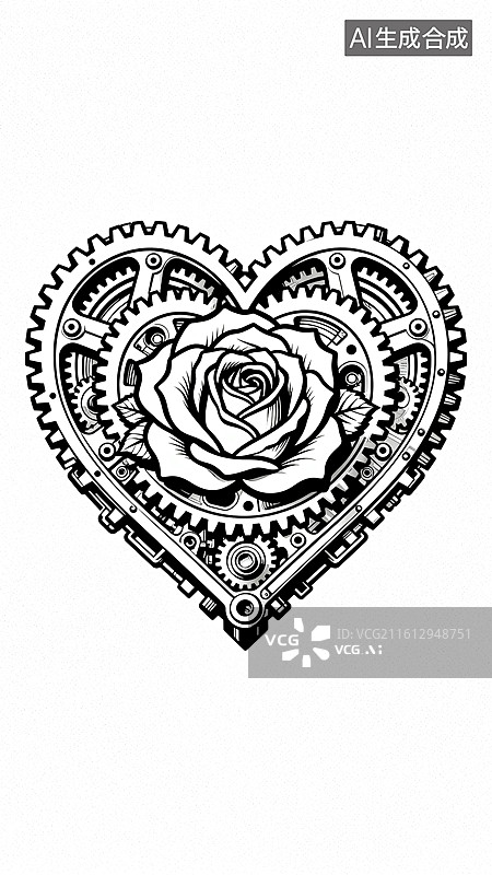 【AI数字艺术】精密的齿轮中心是一朵绽放的玫瑰  妇女节创意插画系列图片素材