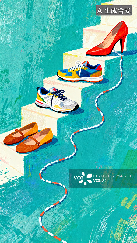 【AI数字艺术】台阶上的高跟鞋平底鞋休闲跑鞋 妇女节创意插画系列图片素材