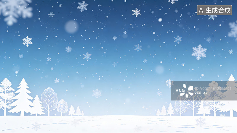 【AI数字艺术】冬季雪景蓝色渐变天空雪花飘落白色森林树木背景图片素材