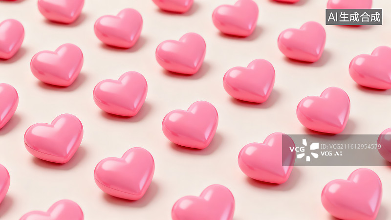 【AI数字艺术】卡通3D立体粉色爱心图标排列装饰元素无缝图案背景，浪漫爱心七夕情人节主题设计背景图片素材