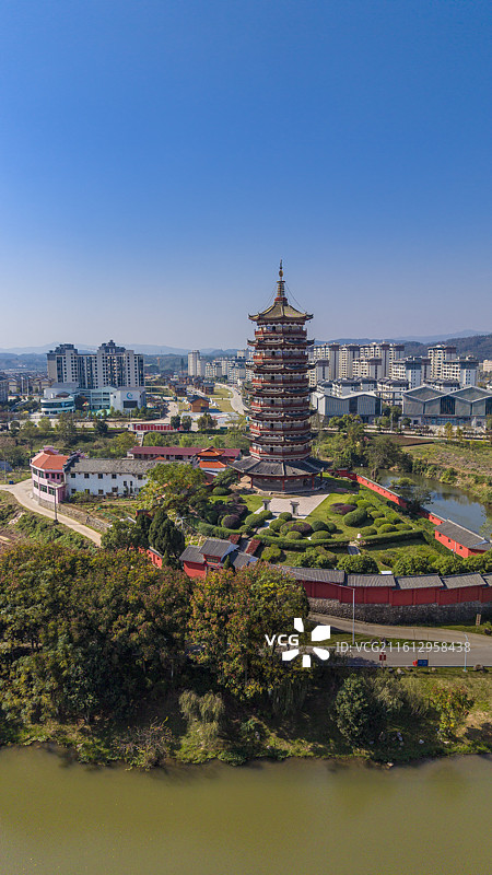 江西抚州广昌县十景之一河东雁塔城市风光航拍图片素材