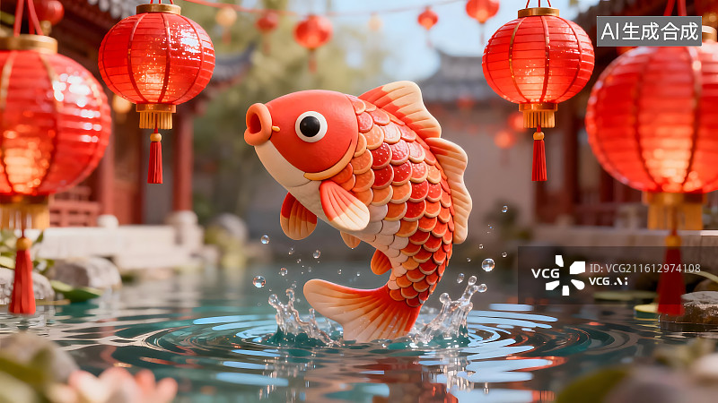 【AI数字艺术】新春3D卡通锦鲤跃出水面插画图片素材